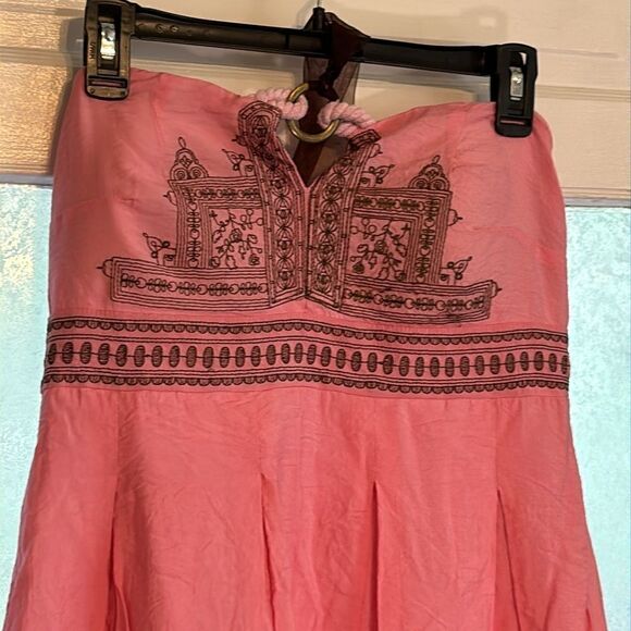 Sisi Women’s Light Pink andBrown Embroidered Sleeveless Halter Dress Size L - Picture 4 of 8